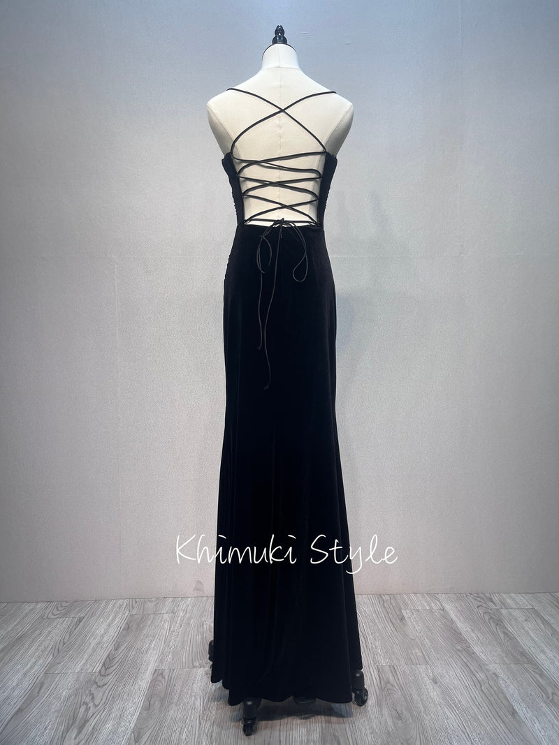 Vintage Sexy Split Black Velvet Prom Dress