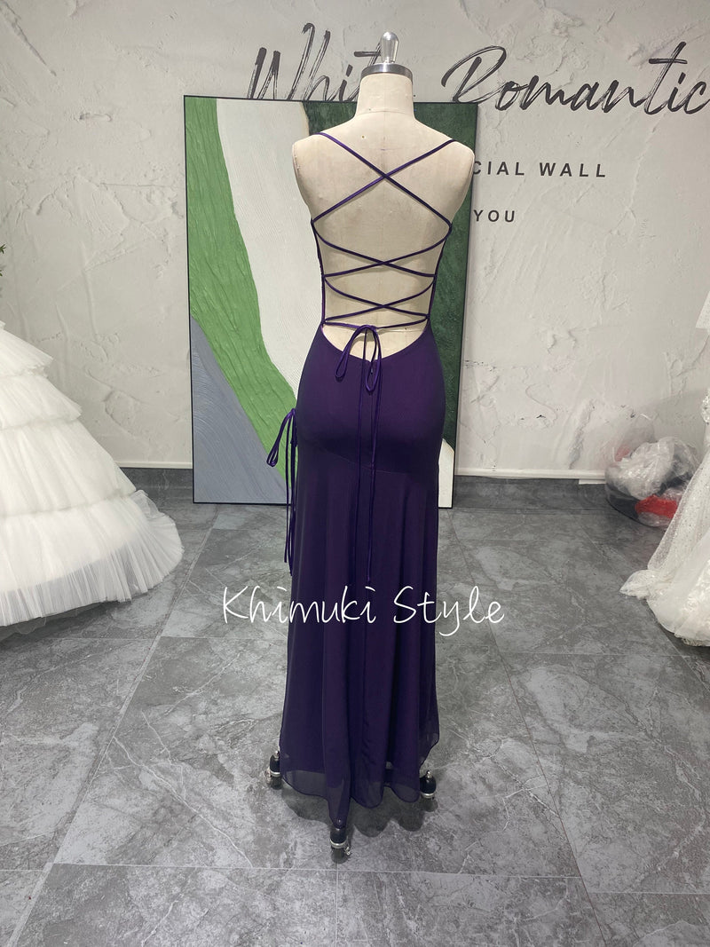 Sexy Slit Square Neckline Vintage Purple Prom Dress