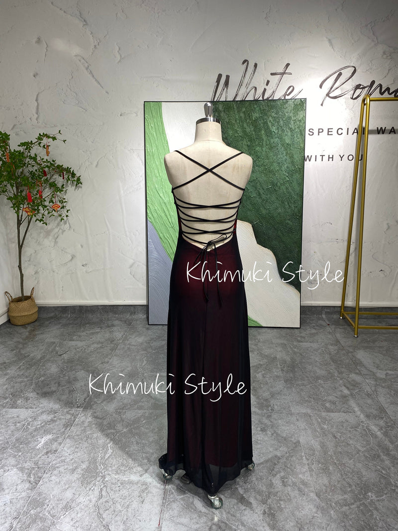 Square Neckline Black and Red Vintage Party Dress,Slit 90S Party Dress