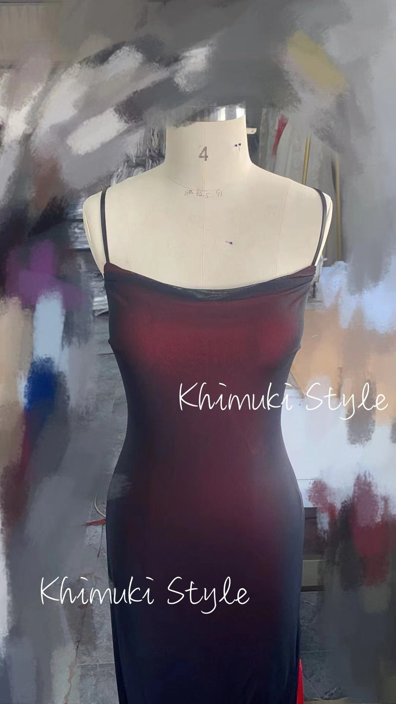 Square Neckline Black and Red Vintage Party Dress,Slit 90S Party Dress