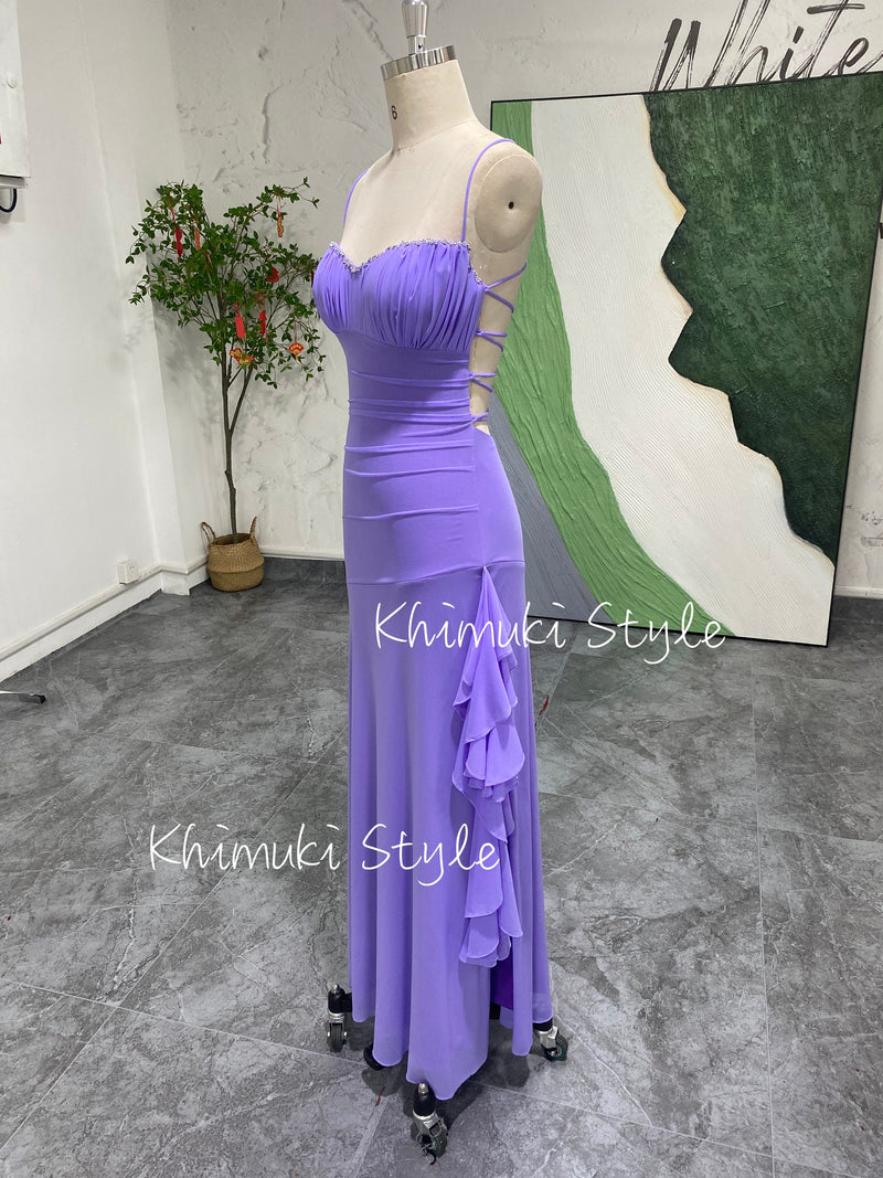 Lavender 90s Party Dress,Sexy Slit Vintage Prom Dress