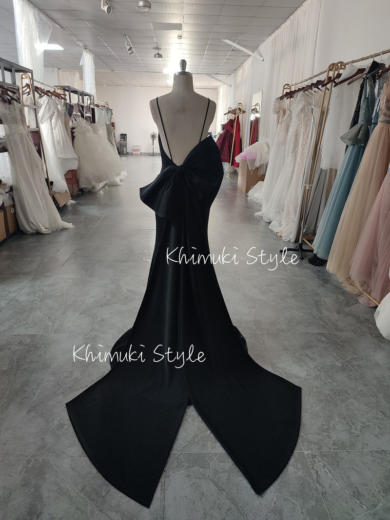 Sexy Low Back Black Party Dress with Detachable Bow