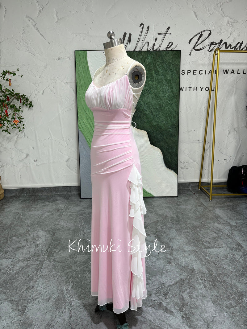 Fit and Flare White and Pink Vintage 90S Prom Dress