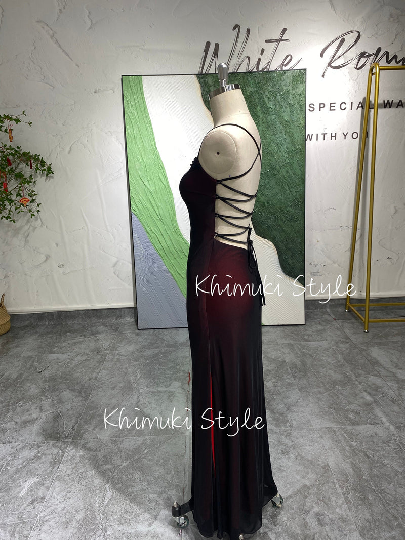 Square Neckline Black and Red Vintage Party Dress,Slit 90S Party Dress