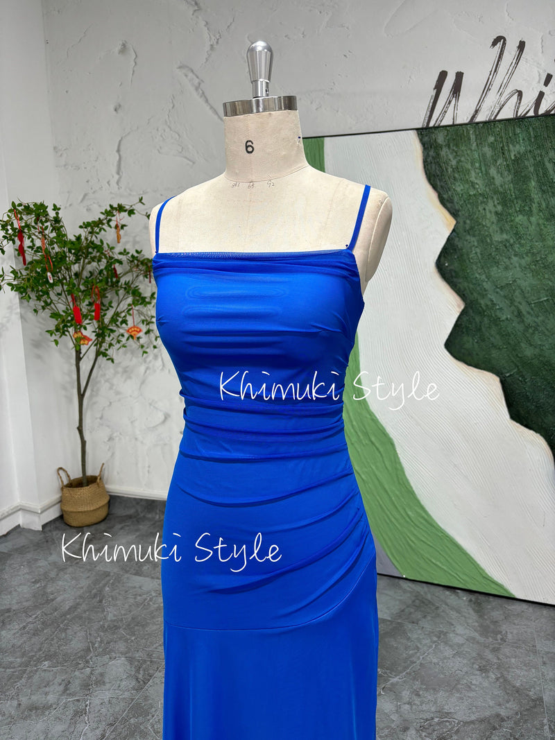 Square Neckline Vintage Blue Prom Dress