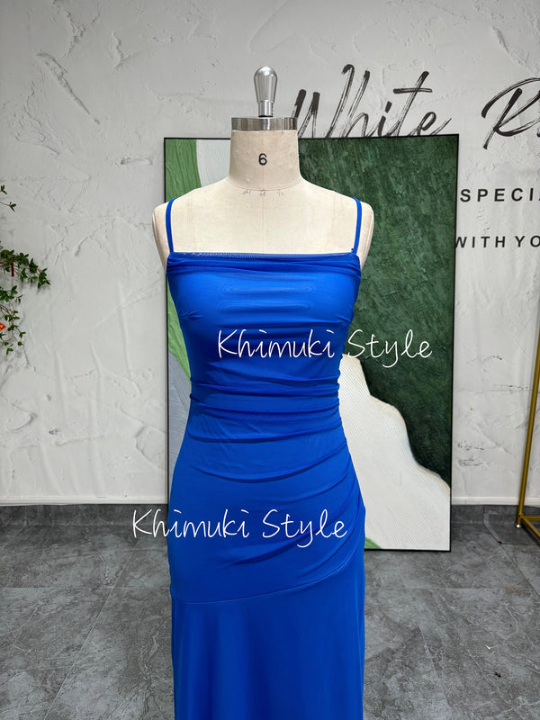 Square Neckline Vintage Blue Prom Dress