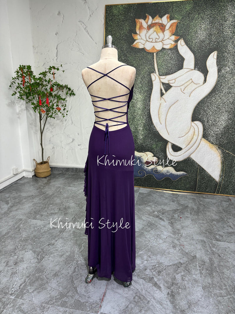 Fit and Flare Purple Slit Vintage Party Dress