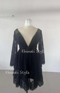 Sexy Long Sleeve Boho Black Short Wedding Dress,Knee Length Wedding Dress