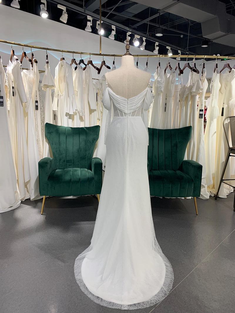 Off Shoulder Long Sleeve Boho Wedding Dress,Sexy Illusion Lace Wedding Dress,Slit Wedding Dress