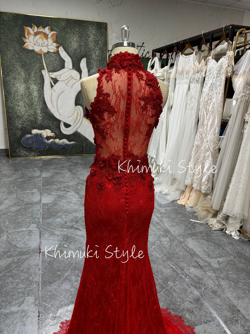 Classic Mermaid High Neckline Red Lace Wedding Dress
