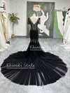 Mermaid French Lace Short Sleeve Black Wedding Dress,Sexy Illusion Black Wedding Dress