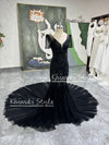 Mermaid French Lace Short Sleeve Black Wedding Dress,Sexy Illusion Black Wedding Dress