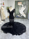 Mermaid French Lace Short Sleeve Black Wedding Dress,Sexy Illusion Black Wedding Dress