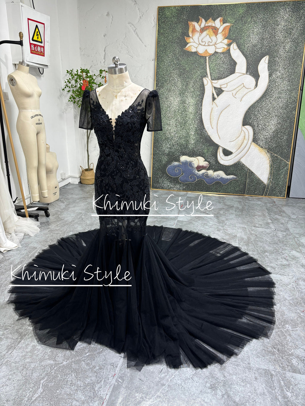 Mermaid French Lace Short Sleeve Black Wedding Dress,Sexy Illusion Black Wedding Dress