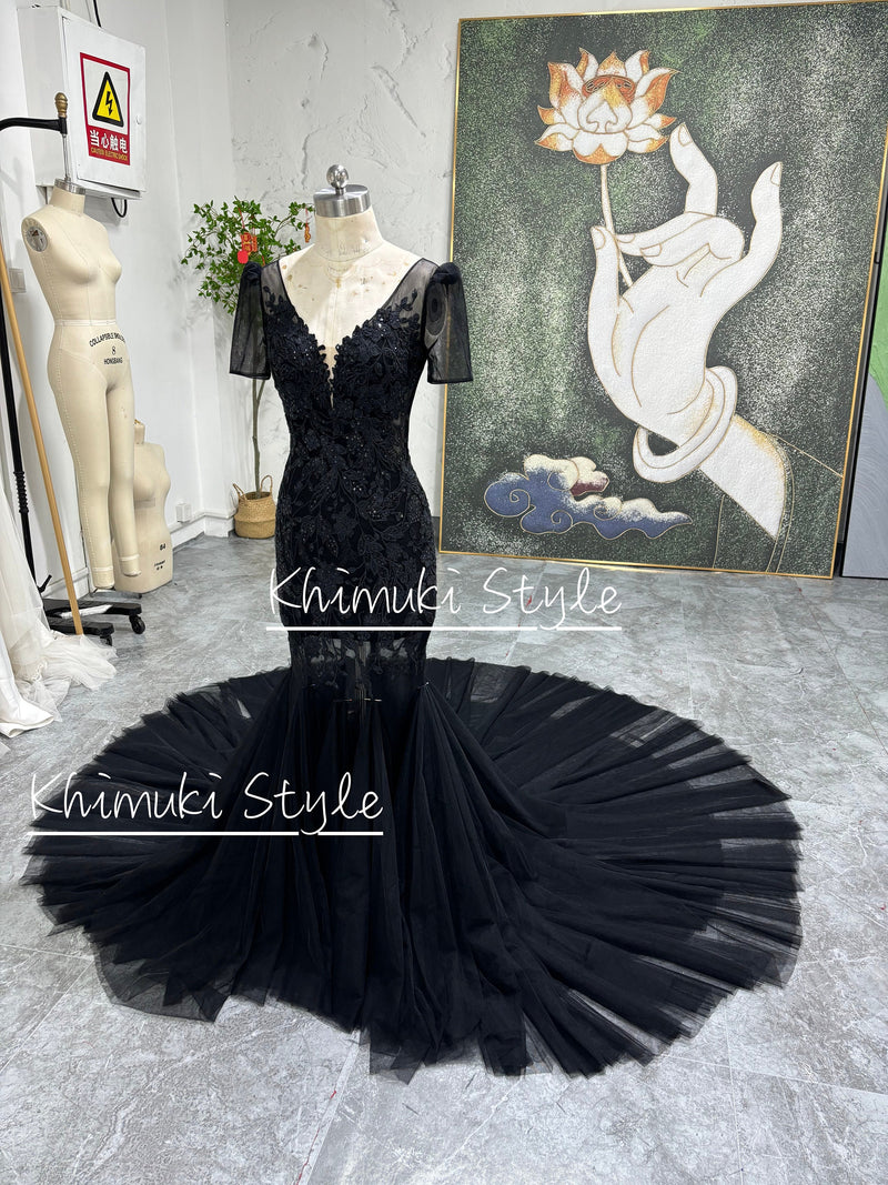 Mermaid French Lace Short Sleeve Black Wedding Dress,Sexy Illusion Black Wedding Dress