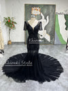 Mermaid French Lace Short Sleeve Black Wedding Dress,Sexy Illusion Black Wedding Dress