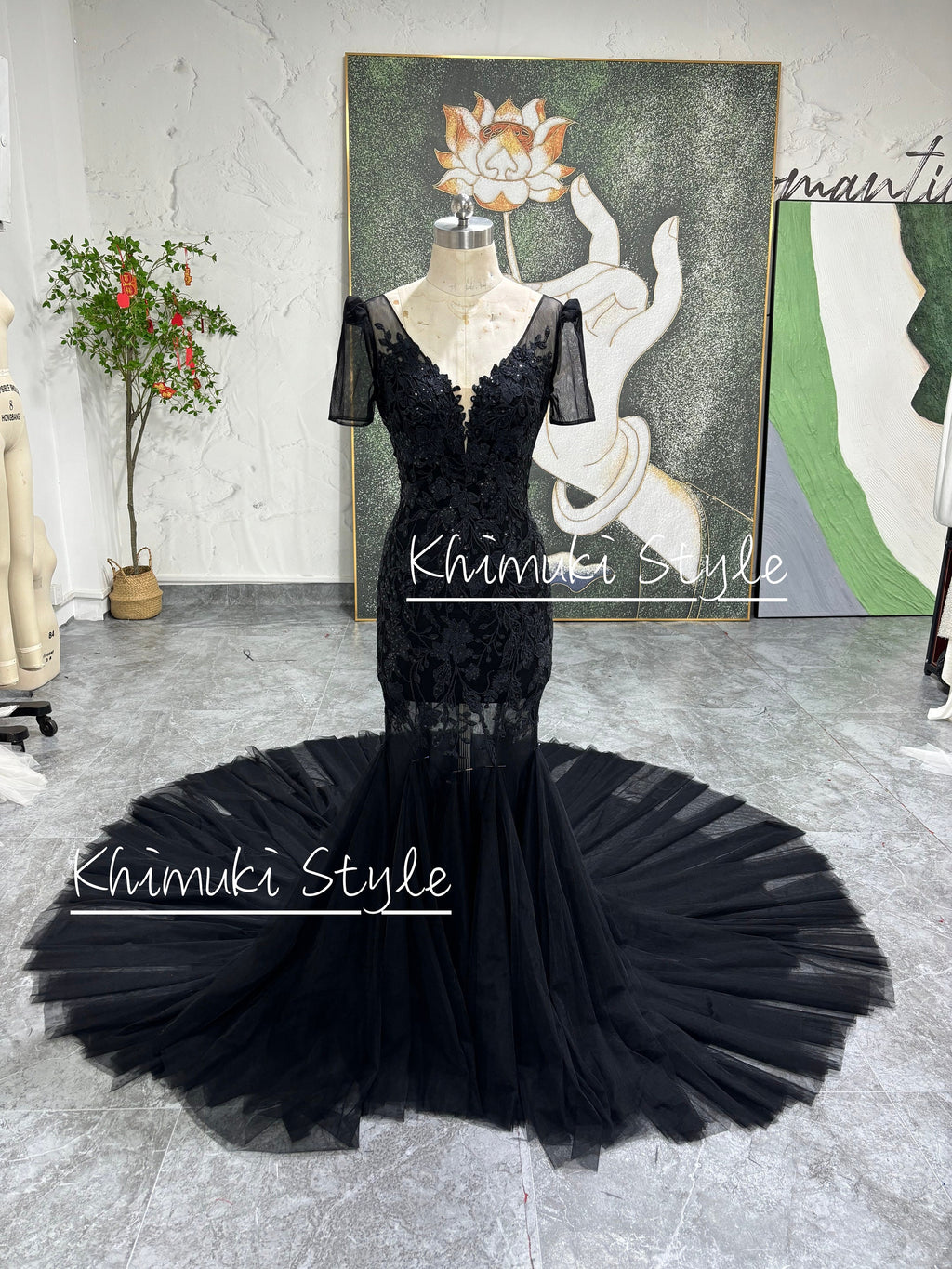 Mermaid French Lace Short Sleeve Black Wedding Dress,Sexy Illusion Black Wedding Dress