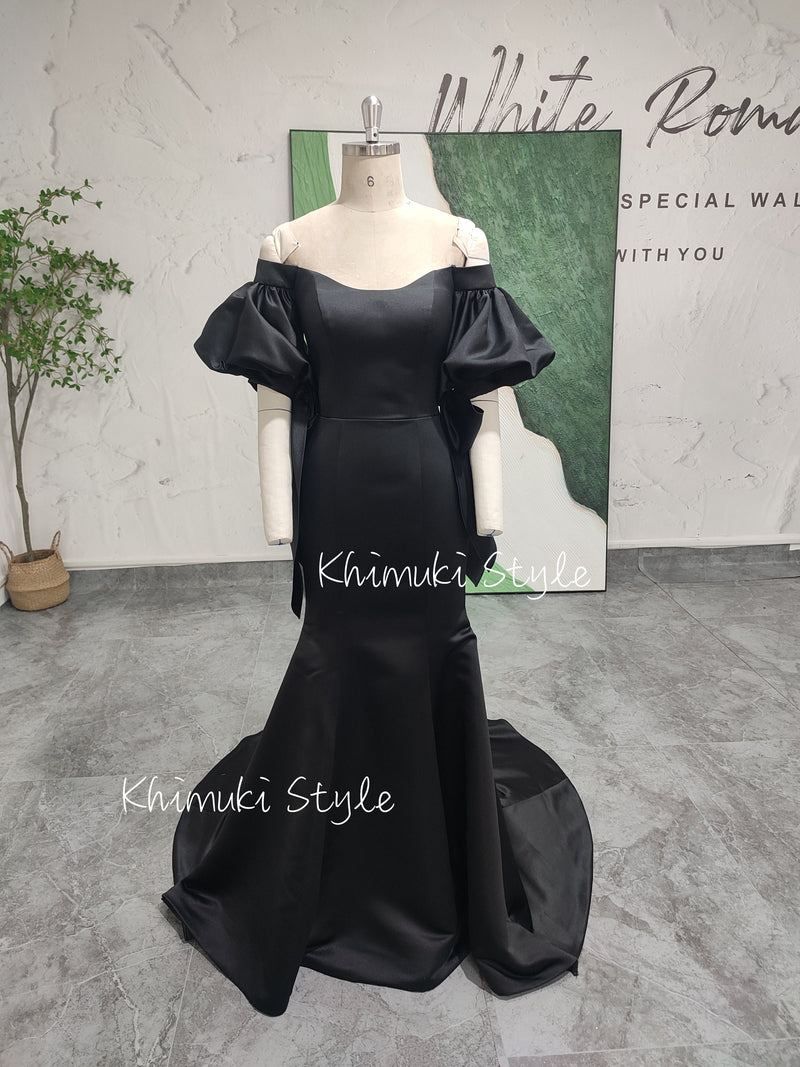 Mermaid Off Shoulder Sleeve Lemon Party Dress,Black Prom Dress