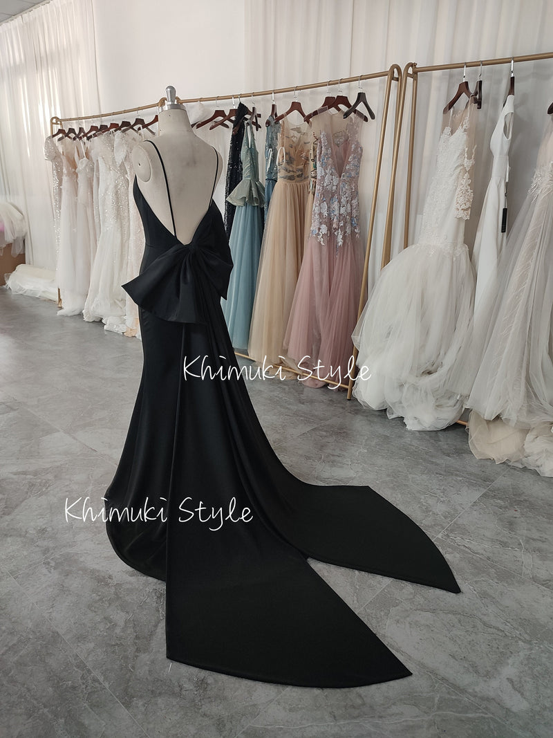 Sexy Low Back Black Party Dress with Detachable Bow