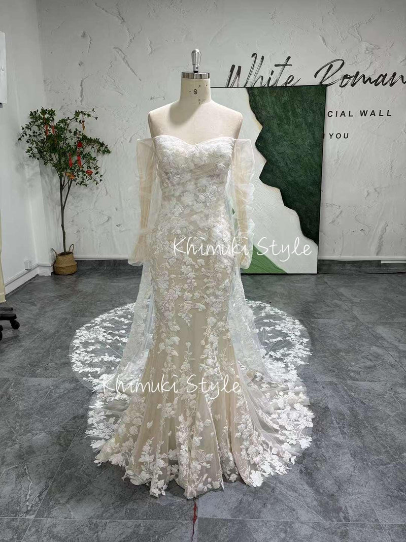 Mermaid Long Sleeve Wedding Dress,Fit and Flare Lace Wedding Dress