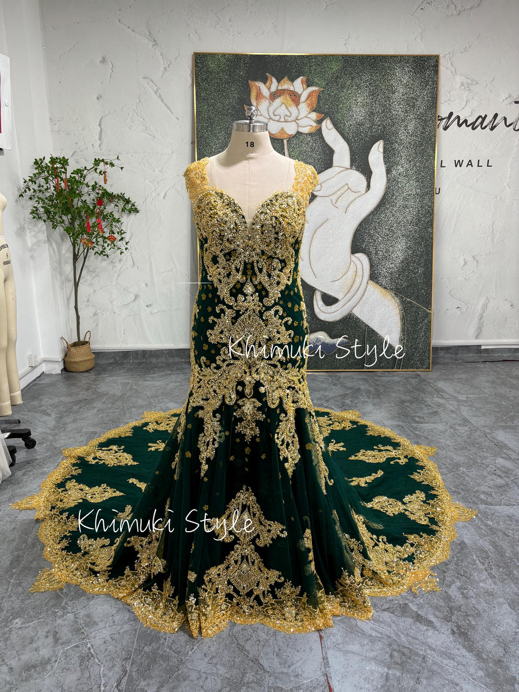 Mermaid Gold and Green Lace Wedding Dress,Colorful Wedding Dress,Plus Size Wedding Dress