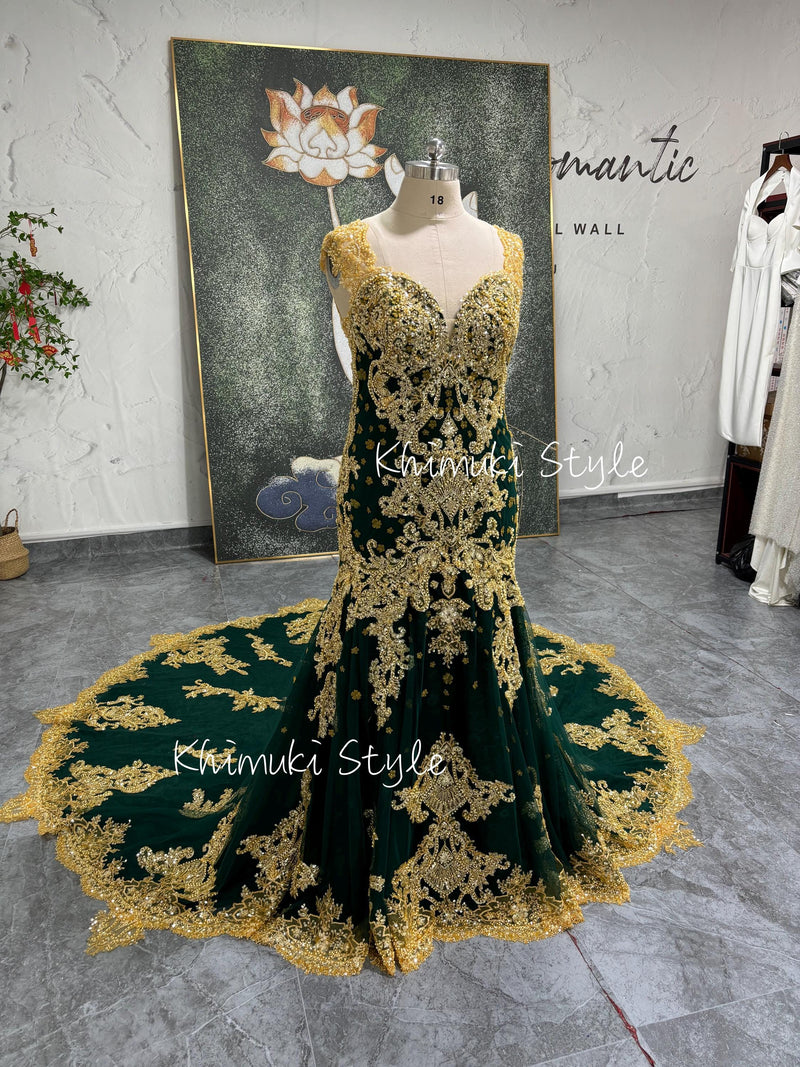 Mermaid Gold and Green Lace Wedding Dress,Colorful Wedding Dress,Plus Size Wedding Dress