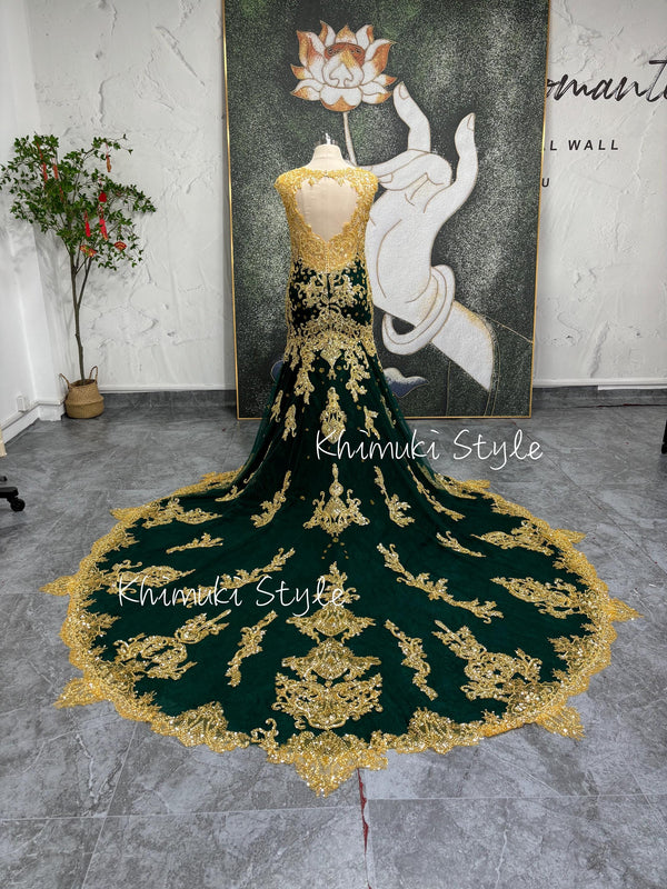 Mermaid Gold and Green Lace Wedding Dress,Colorful Wedding Dress,Plus Size Wedding Dress