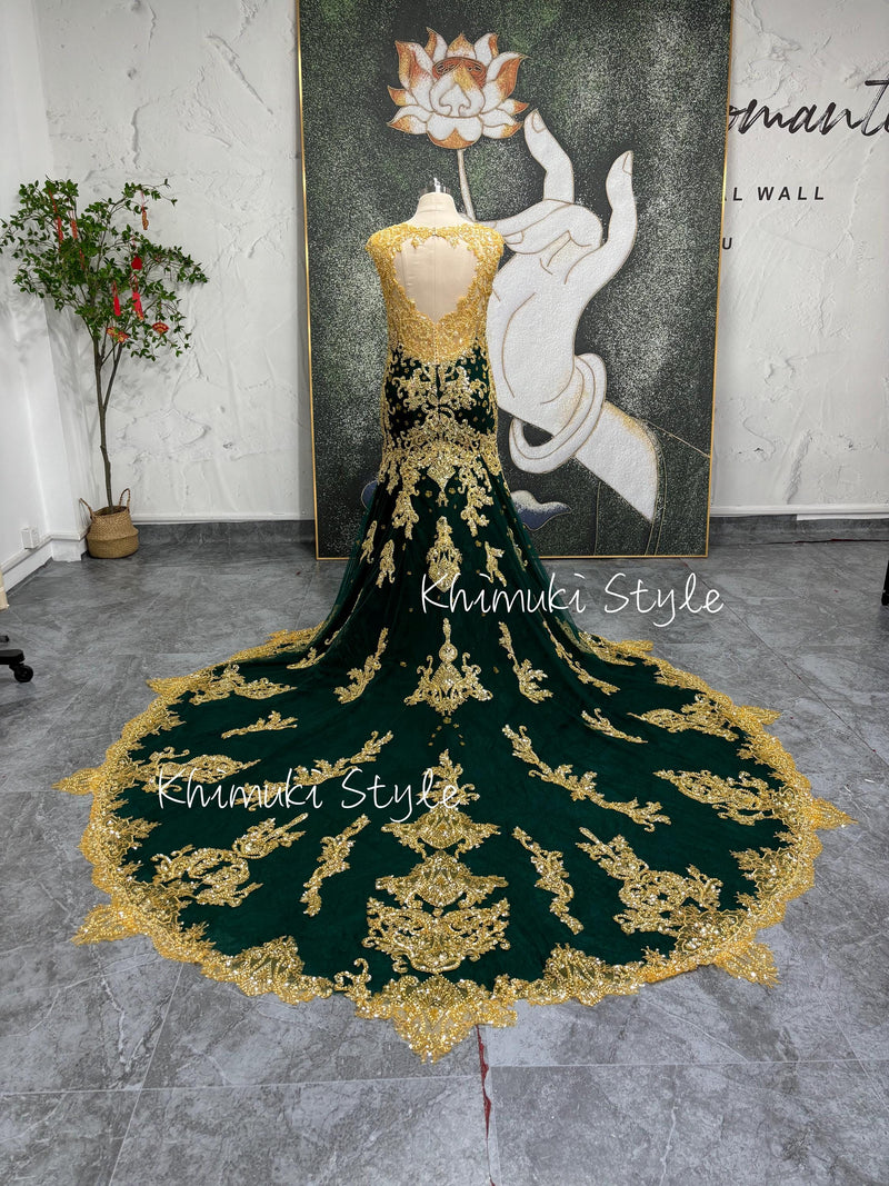Mermaid Gold and Green Lace Wedding Dress,Colorful Wedding Dress,Plus Size Wedding Dress