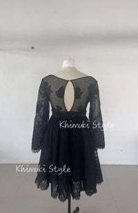 Sexy Long Sleeve Boho Black Short Wedding Dress,Knee Length Wedding Dress