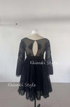 Sexy Long Sleeve Boho Black Short Wedding Dress,Knee Length Wedding Dress