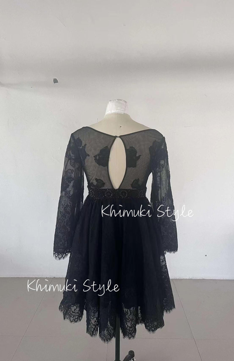 Sexy Long Sleeve Boho Black Short Wedding Dress,Knee Length Wedding Dress