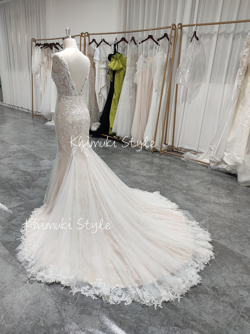 Mermaid Champagne Lace Wedding Dress,Colorful Wedding Dress