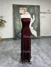 Sexy Slit Square Neckline Brown and Red Vintage Party Dress,90s Prom Dress