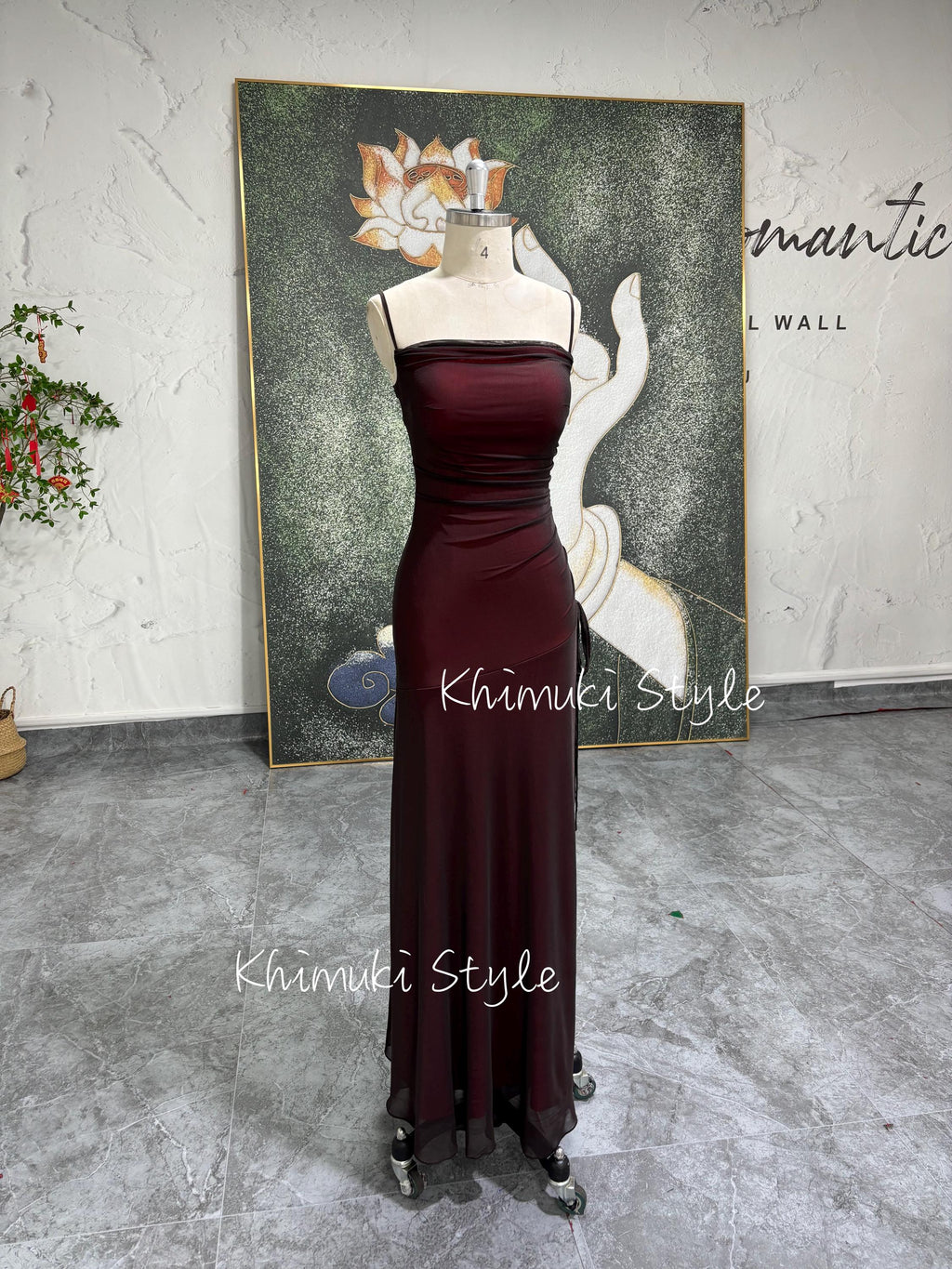 Sexy Slit Square Neckline Brown and Red Vintage Party Dress,90s Prom Dress