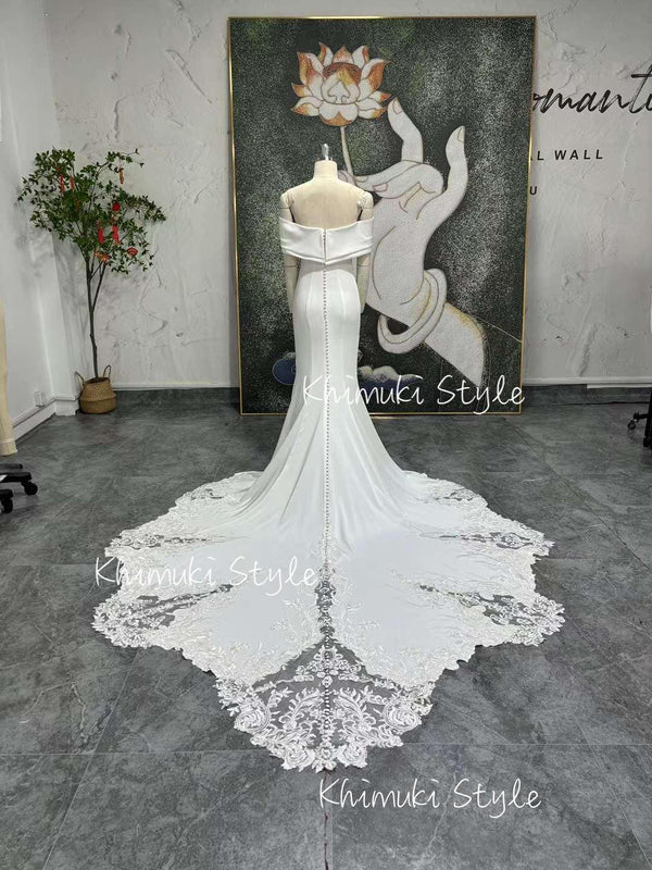 Fit and Flare Off Shoulder Sleeve Wedding Dress