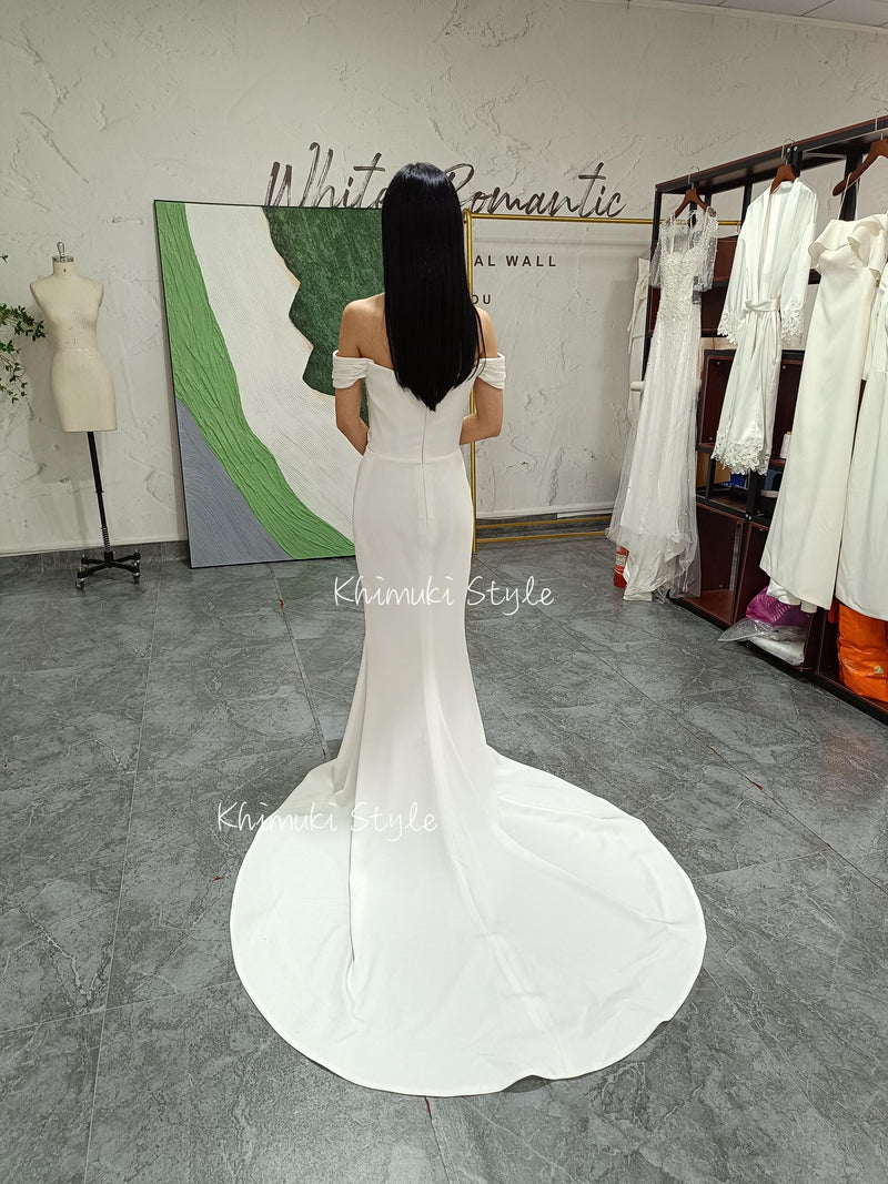 Fit and Flare Off Shoulder Sleeve Wedding Dress,Sexy Slit Wedding Dress
