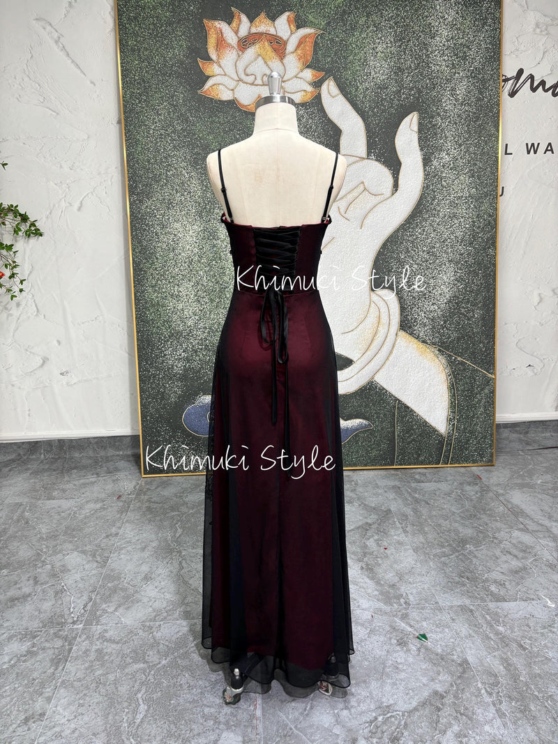 Handmade Beaded Prom Dress,Vintage Black and Red Party Dress