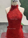 Mermaid Deep Red Lace Wedding Dress,Halter Neckline Colorful Wedding Dress