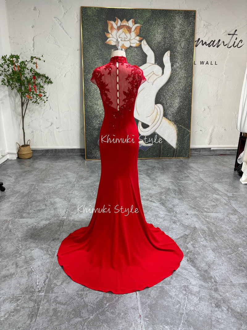 Mermaid High Neck Red Wedding Dress,China Cheongsam