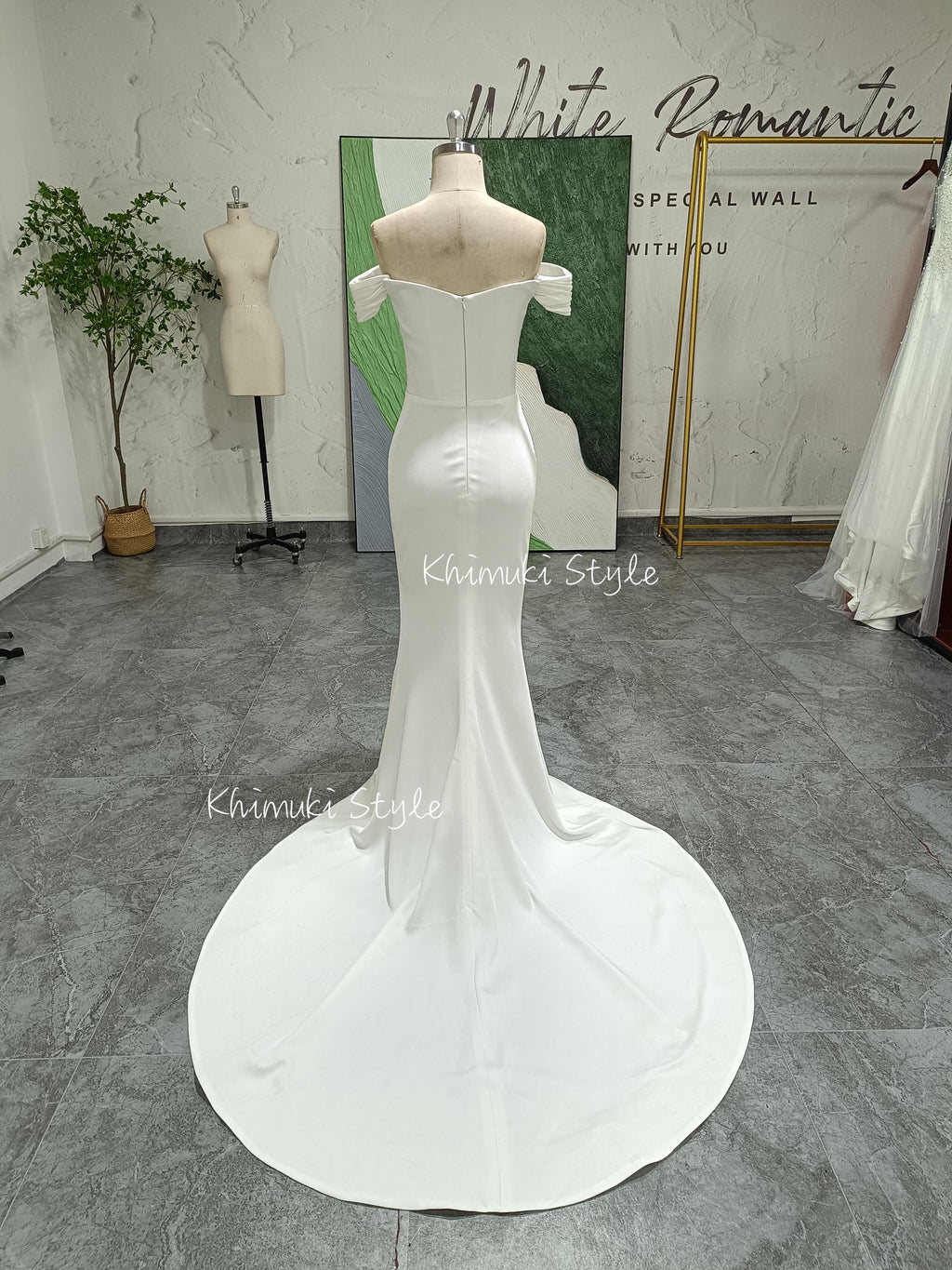 Fit and Flare Off Shoulder Sleeve Wedding Dress,Sexy Slit Wedding Dress