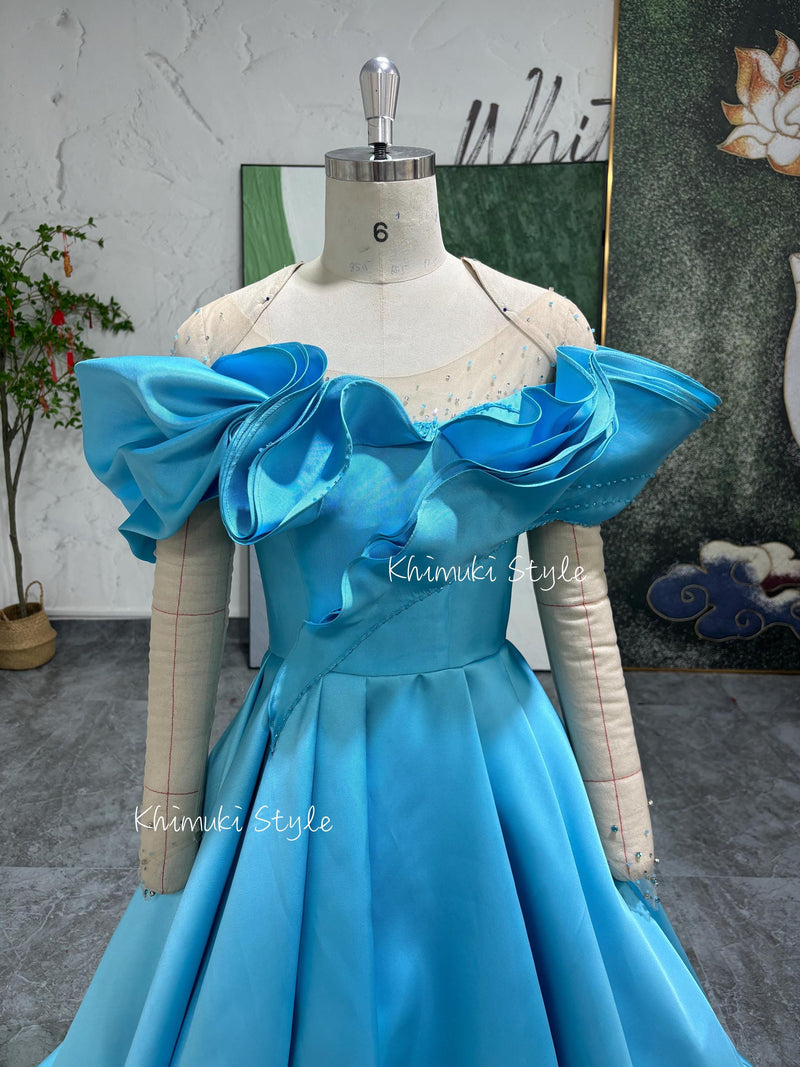 Ball Gown Off Shoulder Sleeve Blue Prom Dress