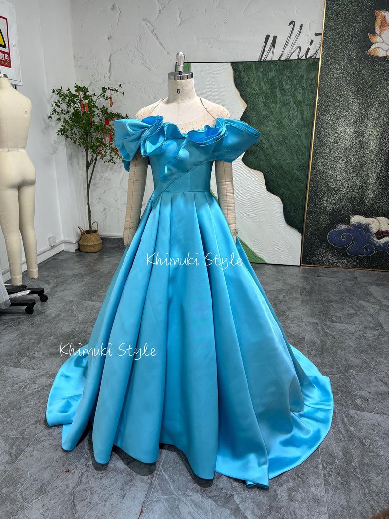 Ball Gown Off Shoulder Sleeve Blue Prom Dress