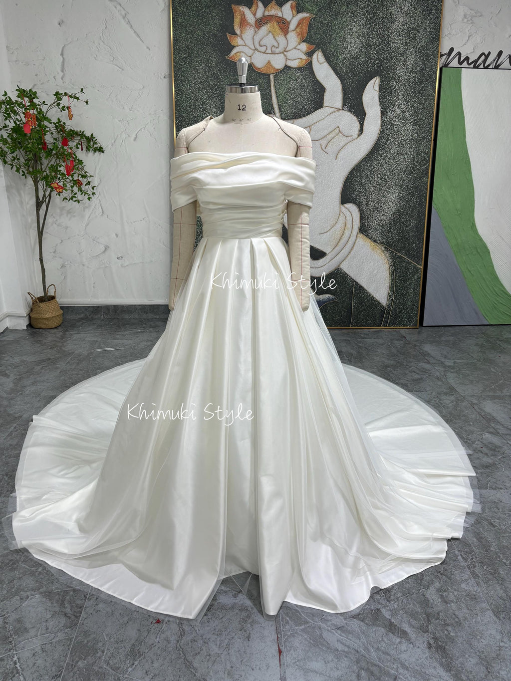 Off Shoulder Sleeve Straight Neckline Wedding Dress
