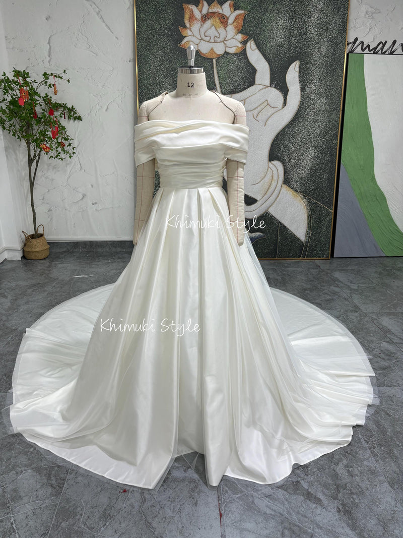 Off Shoulder Sleeve Straight Neckline Wedding Dress