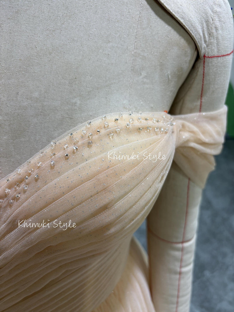 Off Shoulder Sleeve Champagne Tulle Wedding Dress