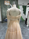 Off Shoulder Sleeve Champagne Tulle Wedding Dress