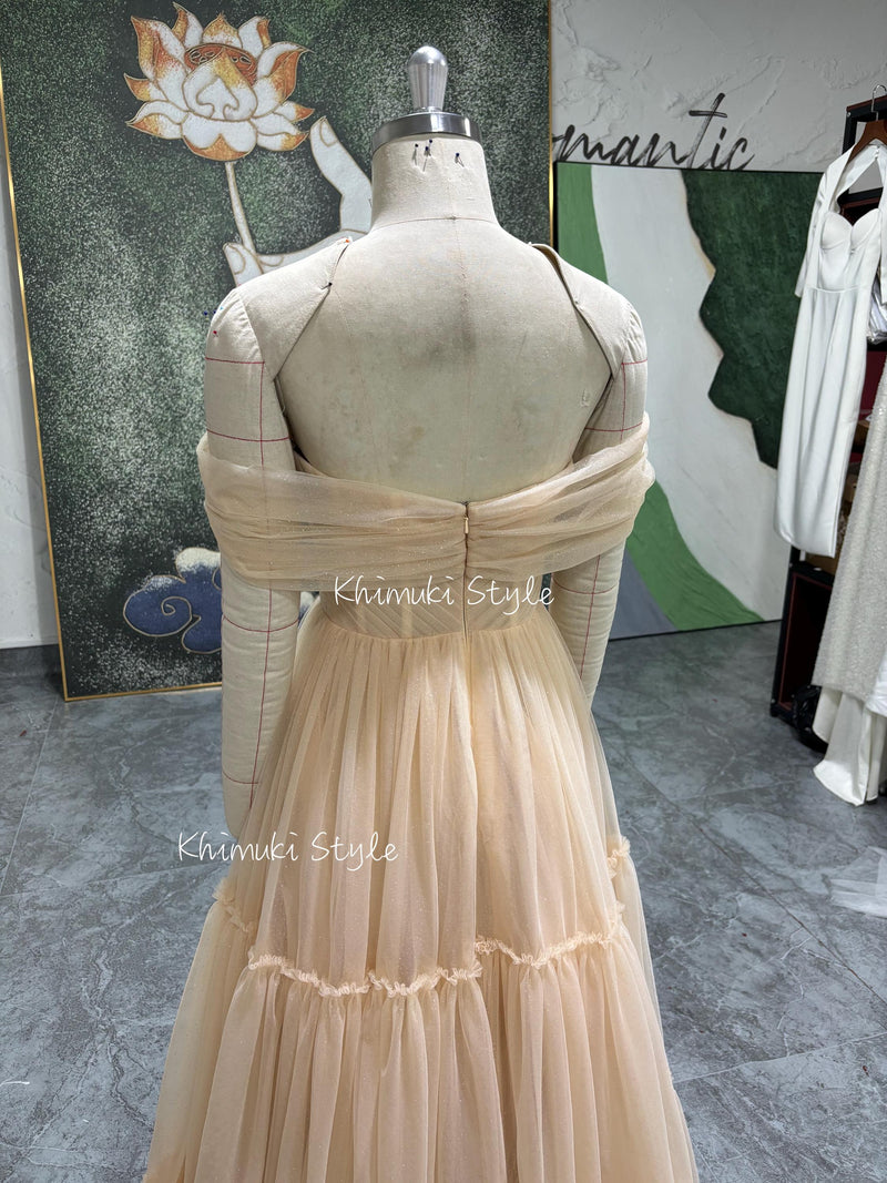 Off Shoulder Sleeve Champagne Tulle Wedding Dress
