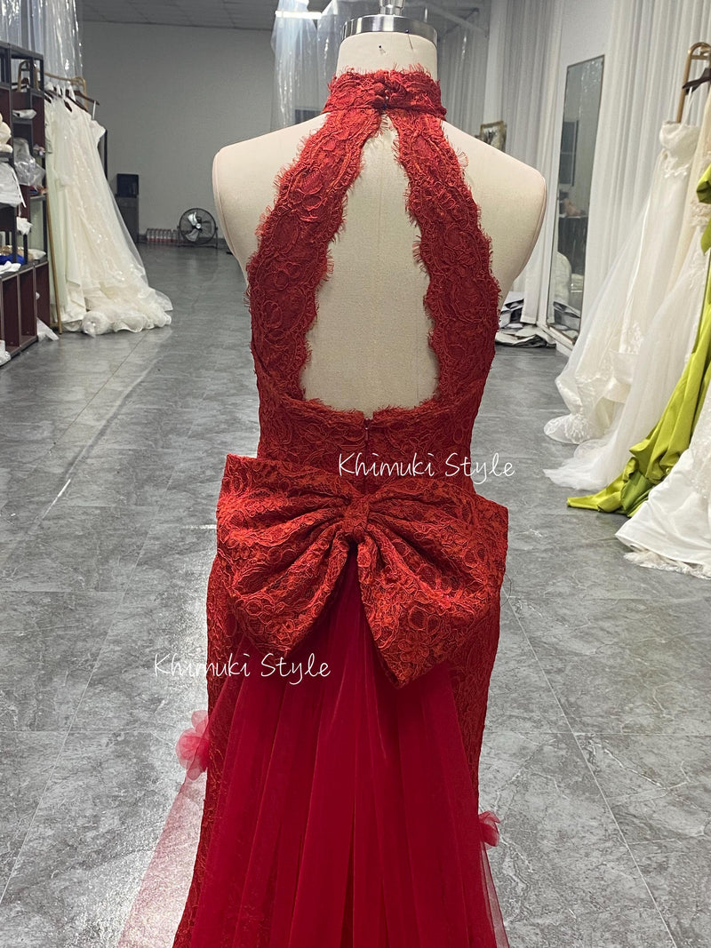 Mermaid Deep Red Lace Wedding Dress,Halter Neckline Colorful Wedding Dress