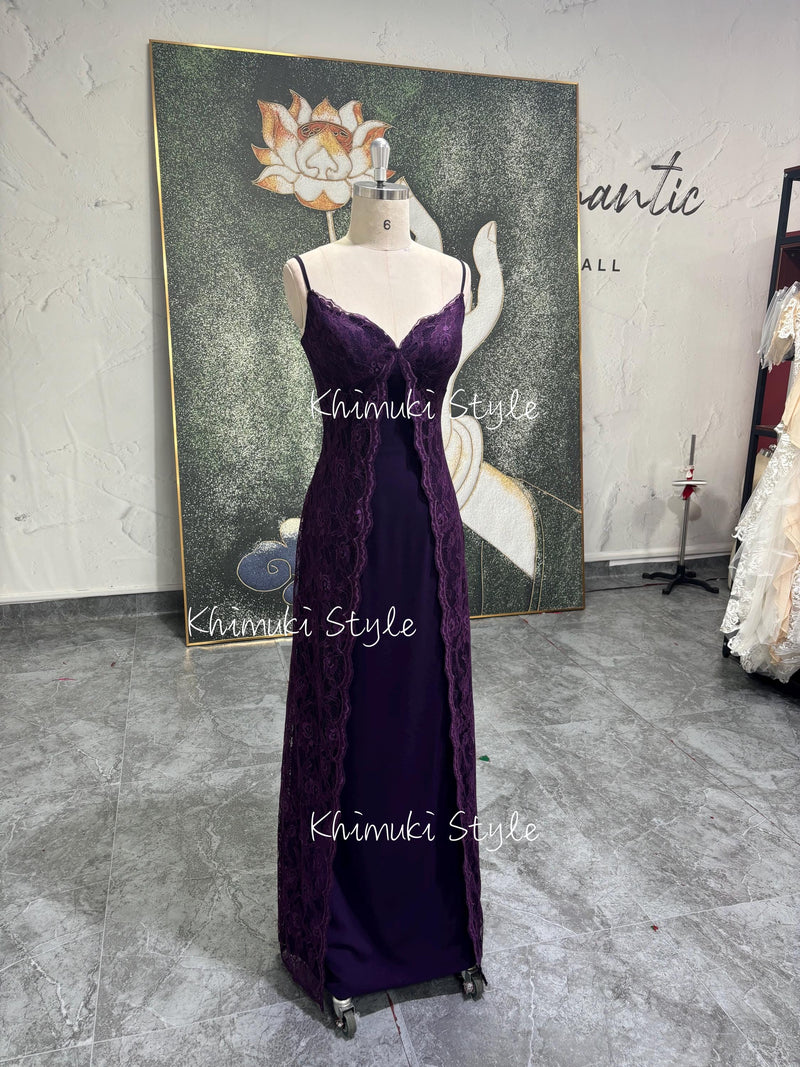 Vintage Deep Purple Prom Dress,90s Lace Party Dress