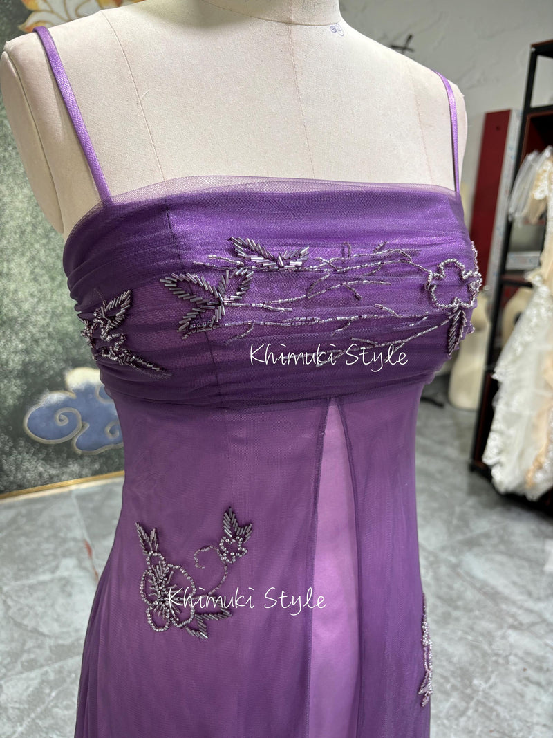 Handmade Beaded 90S Prom Dress,Vintage Grape Party Dress